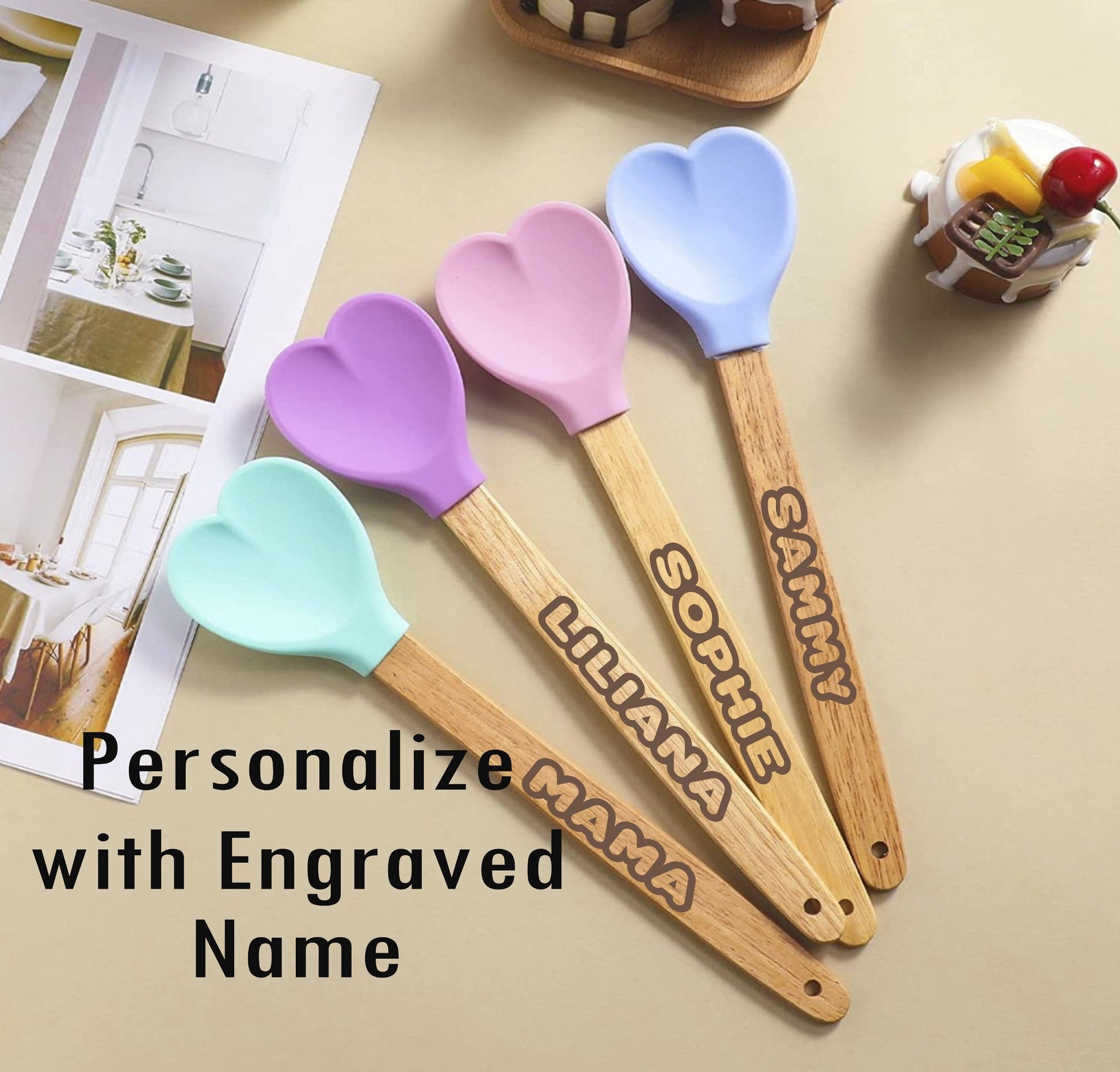Custom Logo Imprinted Silicone Spatulas with Wooden Handles - 4 Colors