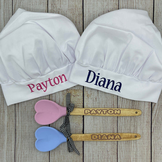 Personalized embroidered chef hat and engraved utensil setsilicone 