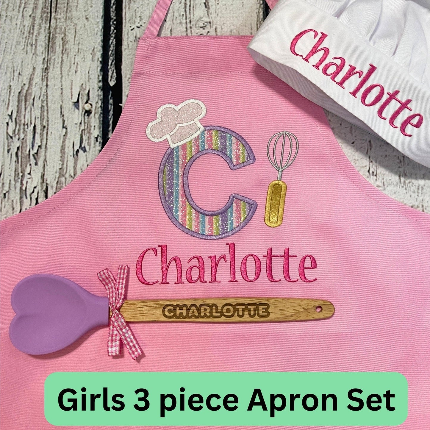 Girls personalized apron, chef hat and engraved spatula gift set 
